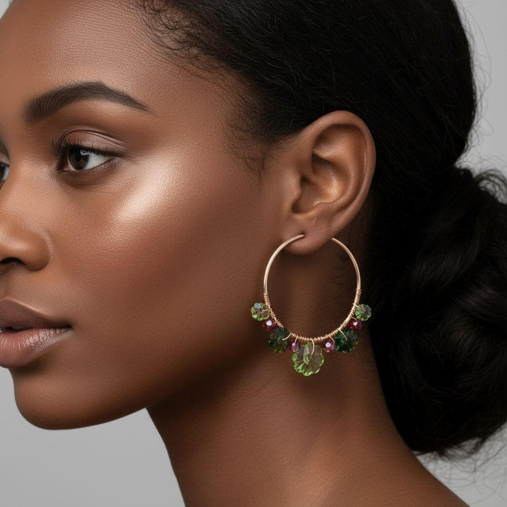 14 K Rose Gold Filled Red Green Holly Berry Crystal Hoops