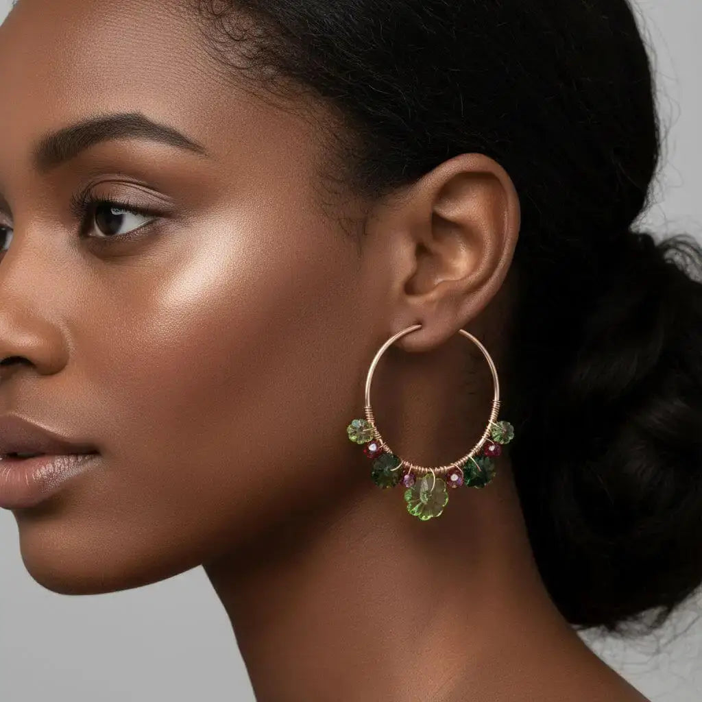 14 K Rose Gold Filled Red Green Holly Berry Crystal Hoops