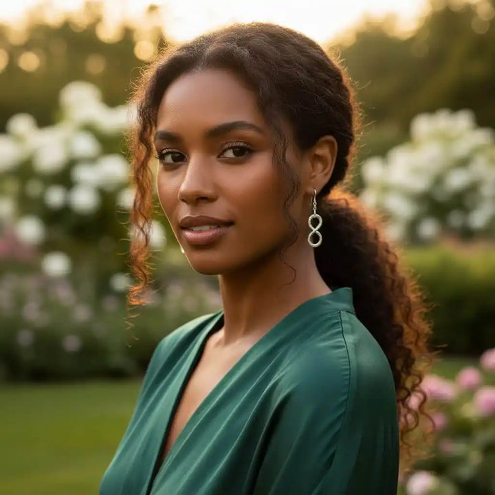 Model showcasing sterling silver hammer patterned infinity earrings in a beautiful garden setting.