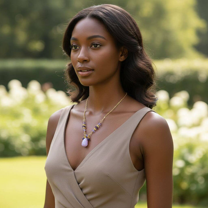 Lavender Candy Jade Drop Gold Wire Wrapped Necklace