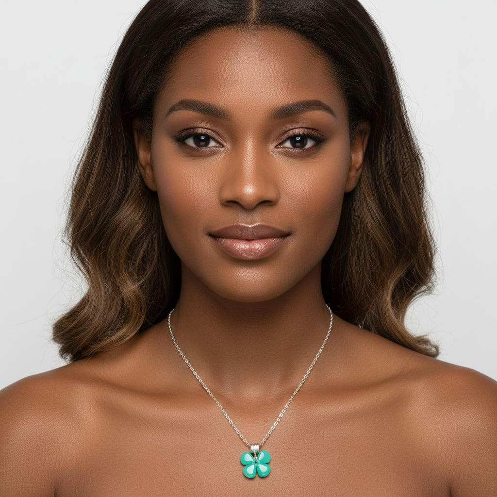 Model wearing a mint green beaded clover necklace with a serene expression and wavy hair.
