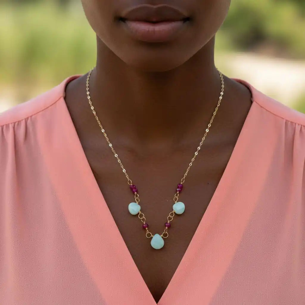 Dainty Gold Chain Mint and Hot Pink Gemstone Necklace worn by a model showcasing its elegant design.
