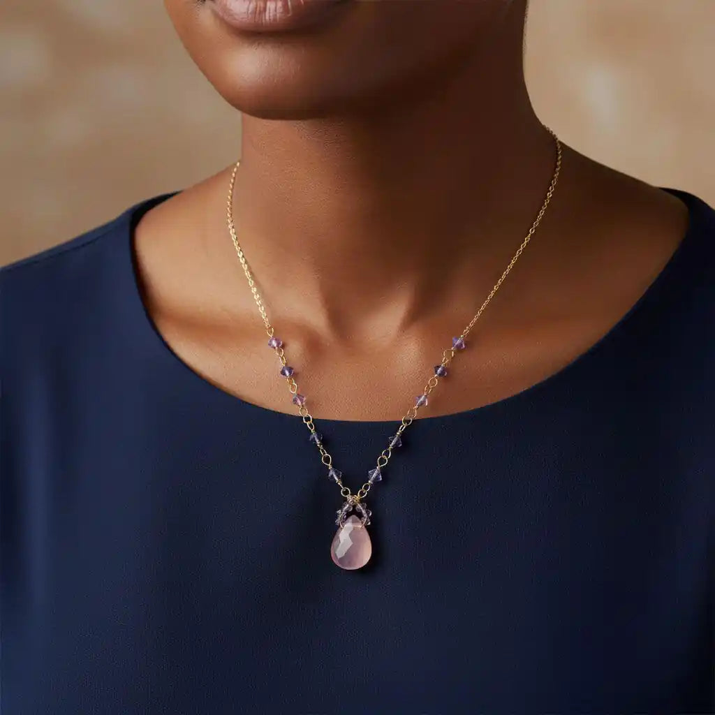 Purple Chalcedony Drop 14 KT Gold Filled Gemstone Necklace worn by a model, showcasing its elegant design with lavender chalcedony.