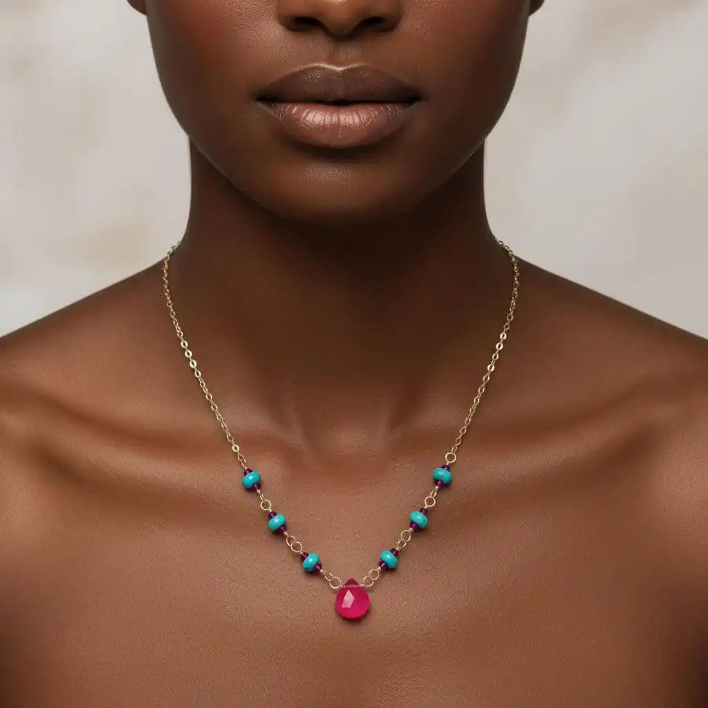 Gold Filled Pink Chalcedony Turquoise Gemstone Drop Necklace showcased on a model&