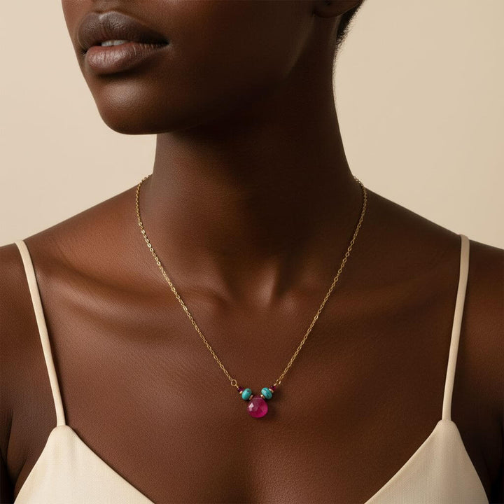 Gold Filled Turquoise and Pink Gemstone Drop Necklace