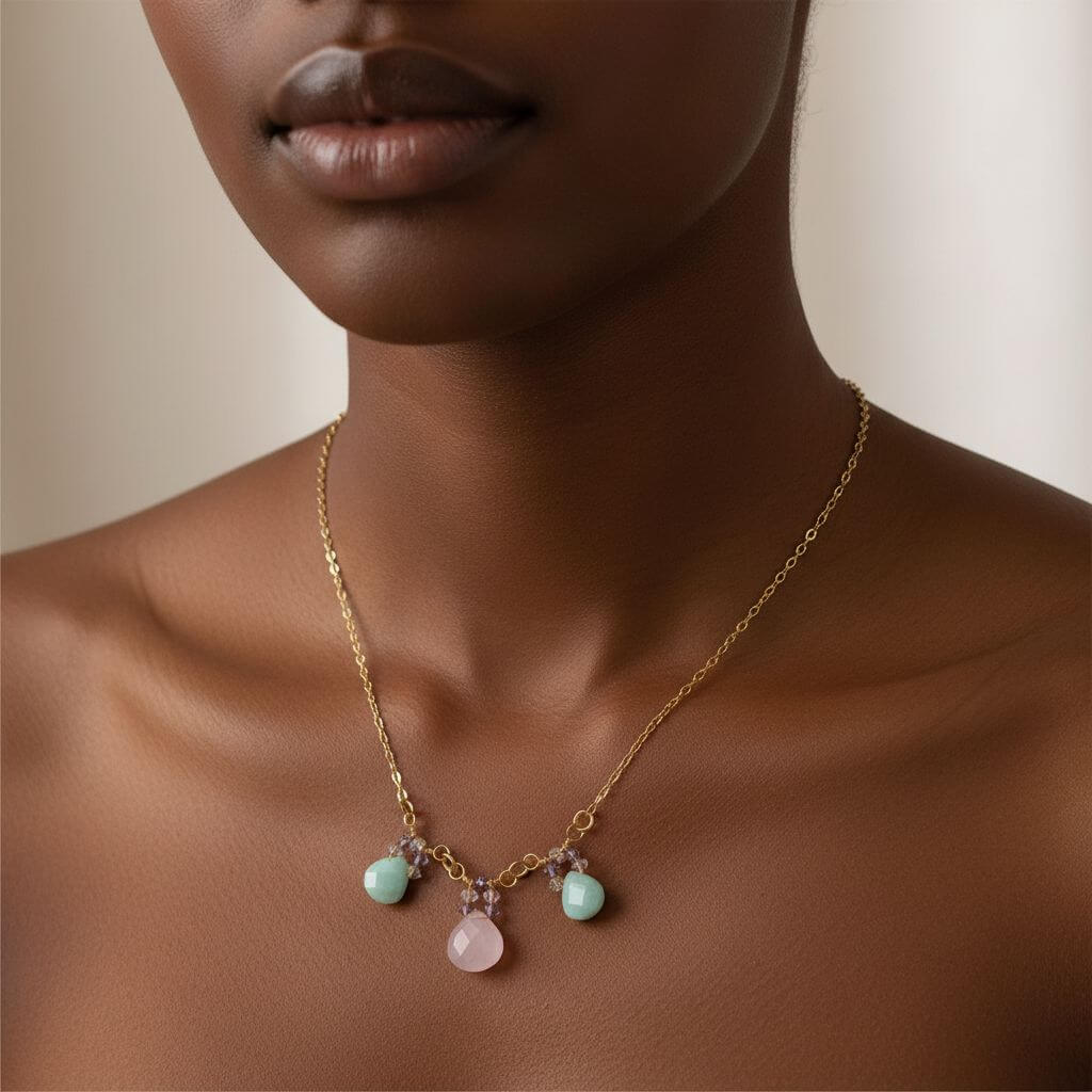 Beautiful Light Pink and Mint Chalcedony 14 Kt Gold Filled Necklace