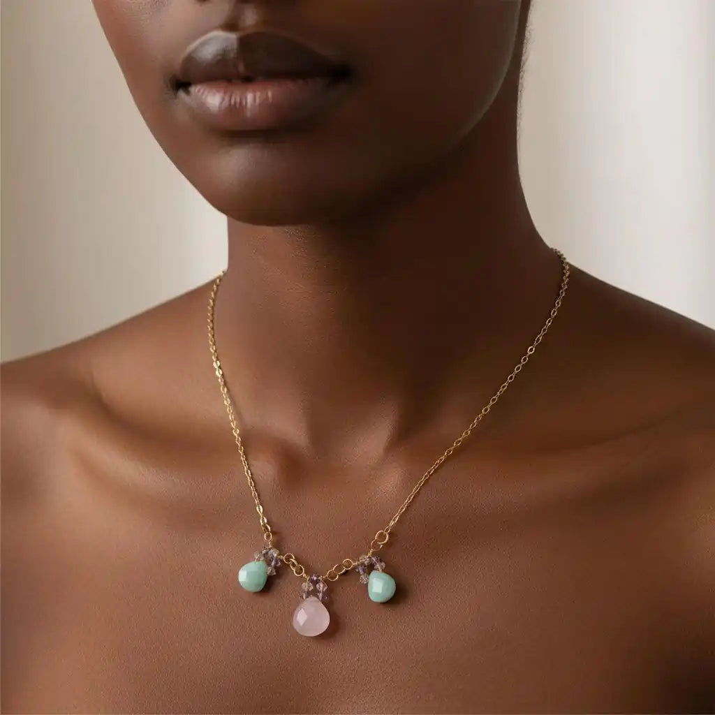 Gold Filled Light Pink and Mint Chalcedony Chain Necklace displayed on model, showcasing delicate rose and mint briolette drops.