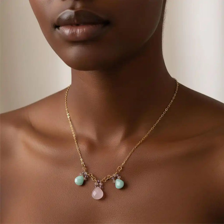 Gold Filled Light Pink and Mint Chalcedony Chain Necklace displayed on model, showcasing delicate rose and mint briolette drops.