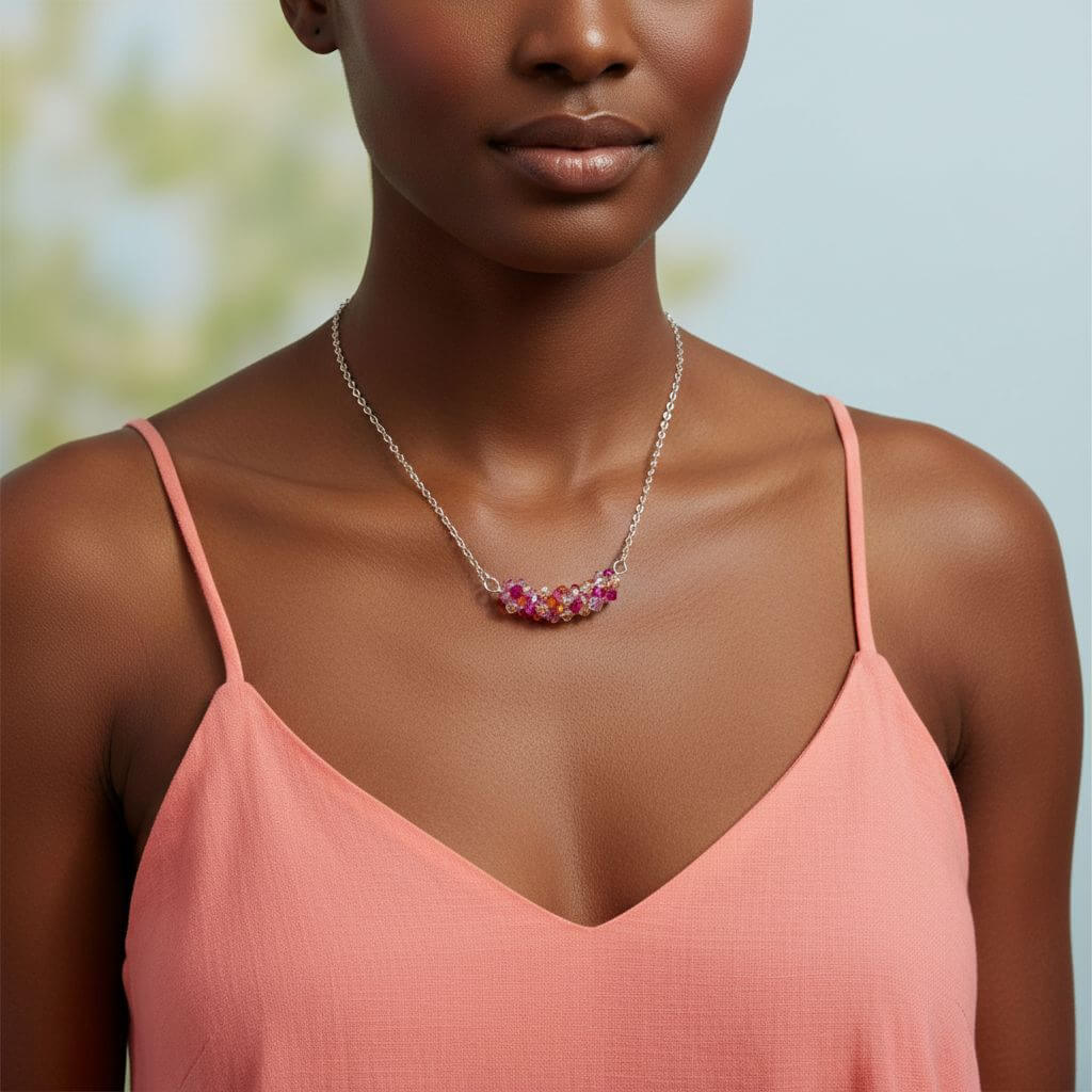 Silver Multi Color Spring Blossom Crystal Necklace