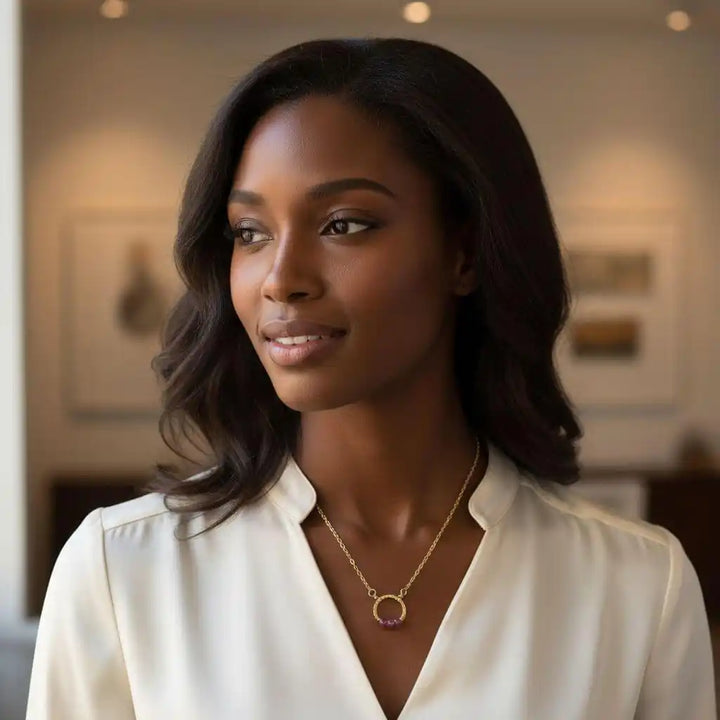 Model wearing a Gold Filled Pink Chalcedony Open Circle Necklace, showcasing its elegant design and vibrant gemstone color.