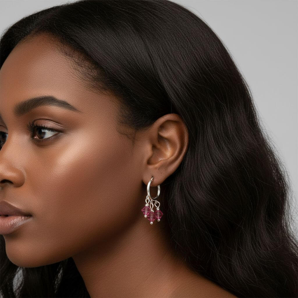 Mini Sterling Silver Hoop Pink Crystal Dangle Earrings