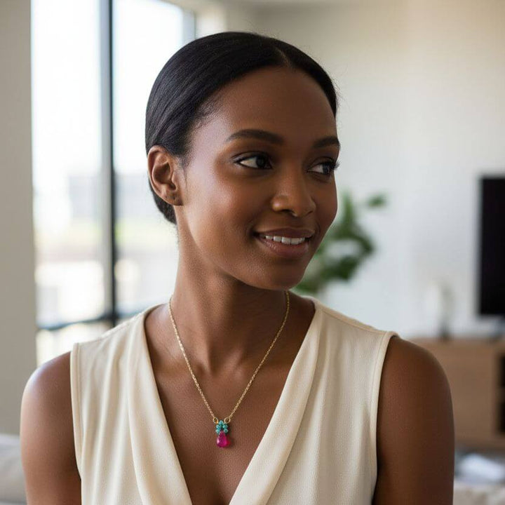 Pink Gemstone Drop and Turquoise Crystal 14 K Gold Filled Necklace