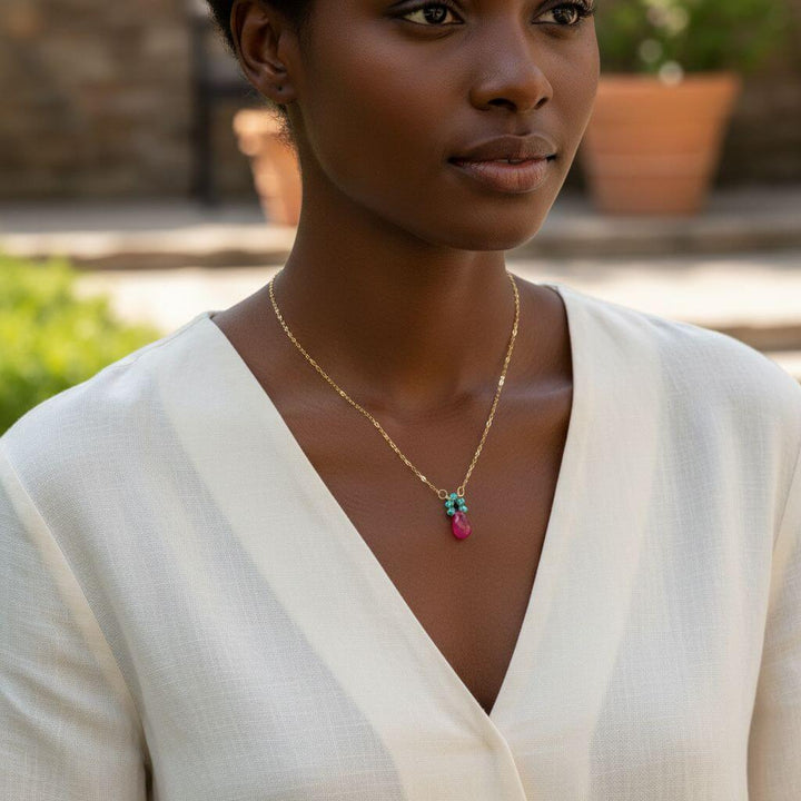 Pink Gemstone Drop and Turquoise Crystal 14 K Gold Filled Necklace