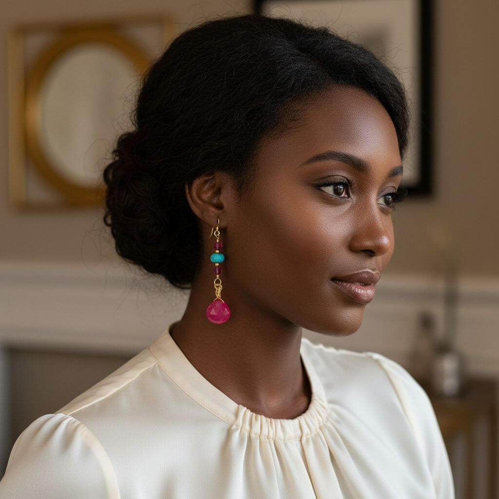 Gold Filled Wire Wrapped Pink Turquoise Gemstone Earrings worn by a model, showcasing vibrant pink chalcedony and turquoise beads.