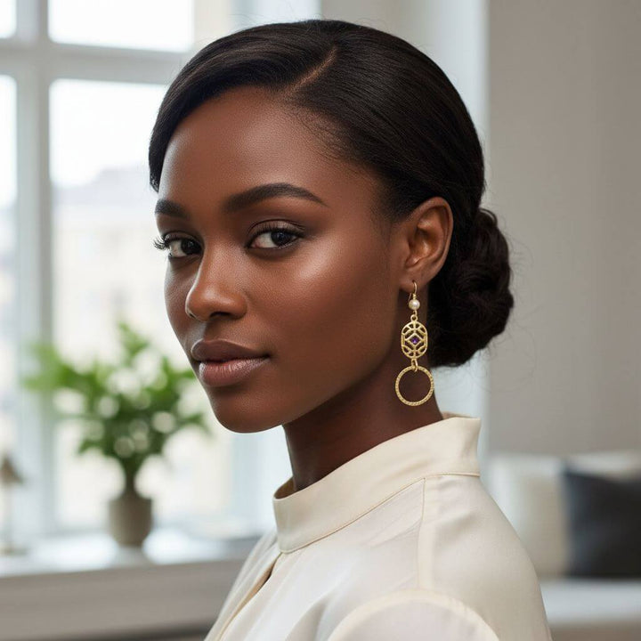 14 K Gold Filled Purple Crystal Hammered Circle Filigree Earrings