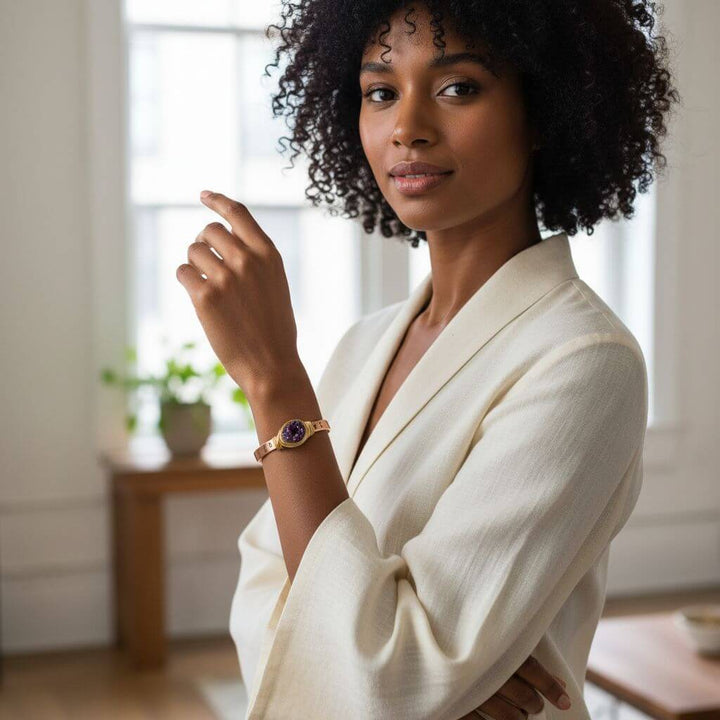 LOVE Stamped Gold Wire Wrapped Purple Druzy Copper Cuff