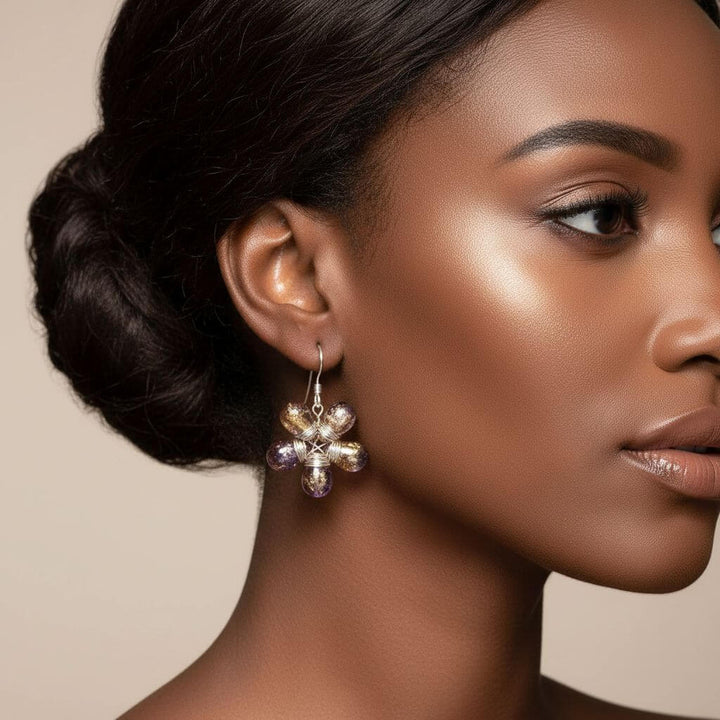 Purple and Yellow Flower Sterling Silver Earrings