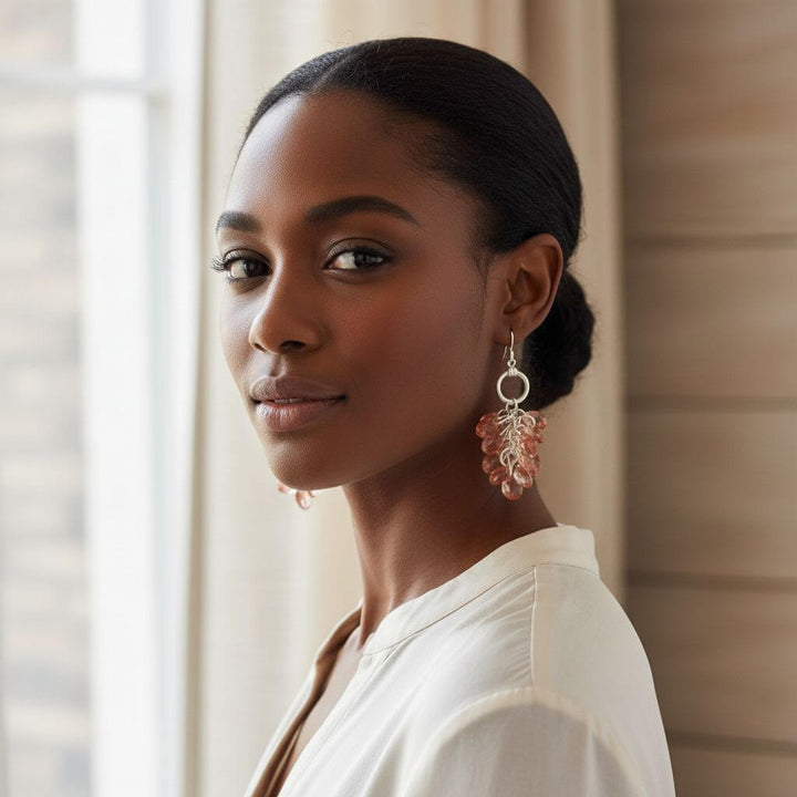 Rose Peach Crystal Sterling Silver Cluster Earrings