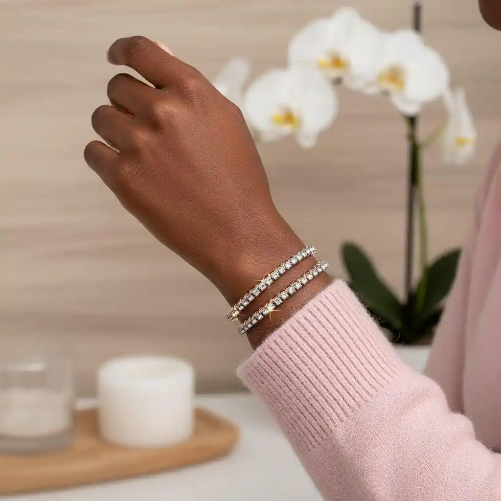 Catch-Free Crystal Rhinestone Tennis Bracelet Bangle worn on a wrist with elegant decor in the background.
