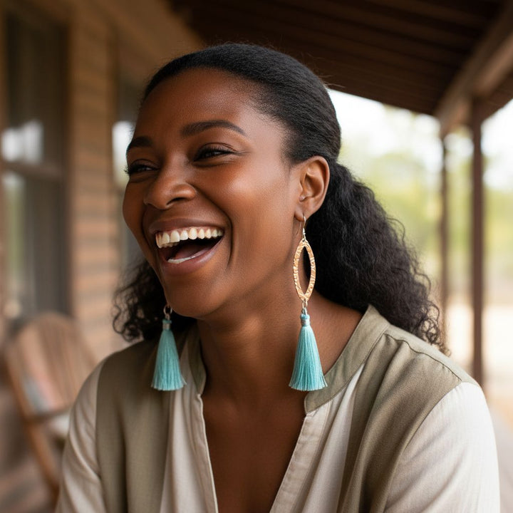 Long Copper Embossed Silk Tassel Earrings in Various Colors