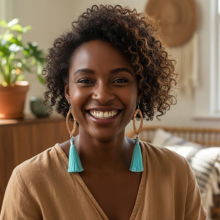Long Copper Embossed Silk Tassel Earrings in Various Colors