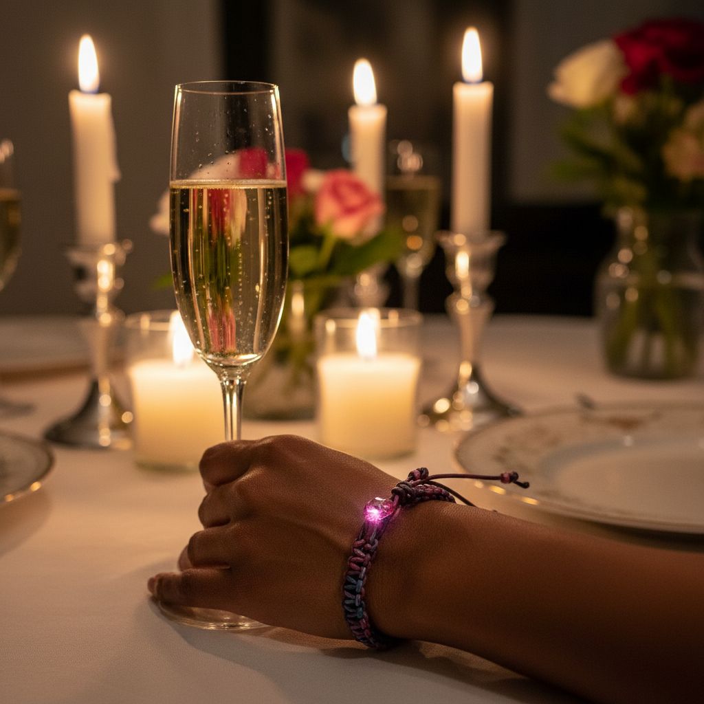 A hand holding a champagne glass wearing a Macrame Tie-Dye Leather Crystal Bracelet, with candles and flowers in the background.