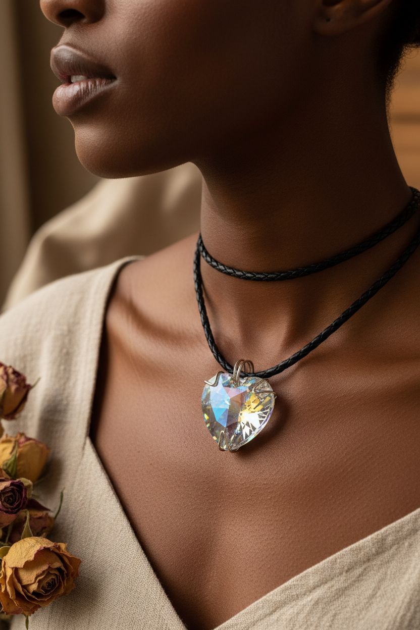 Be My Valentine Silver Set Giant Crystal Heart Choker worn elegantly by a model showcasing its stunning design.