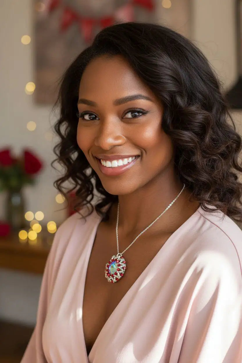 Woman wearing a Beaded Super Sparkly Swarovski Rosette Star Pendant Necklace, smiling in soft lighting.
