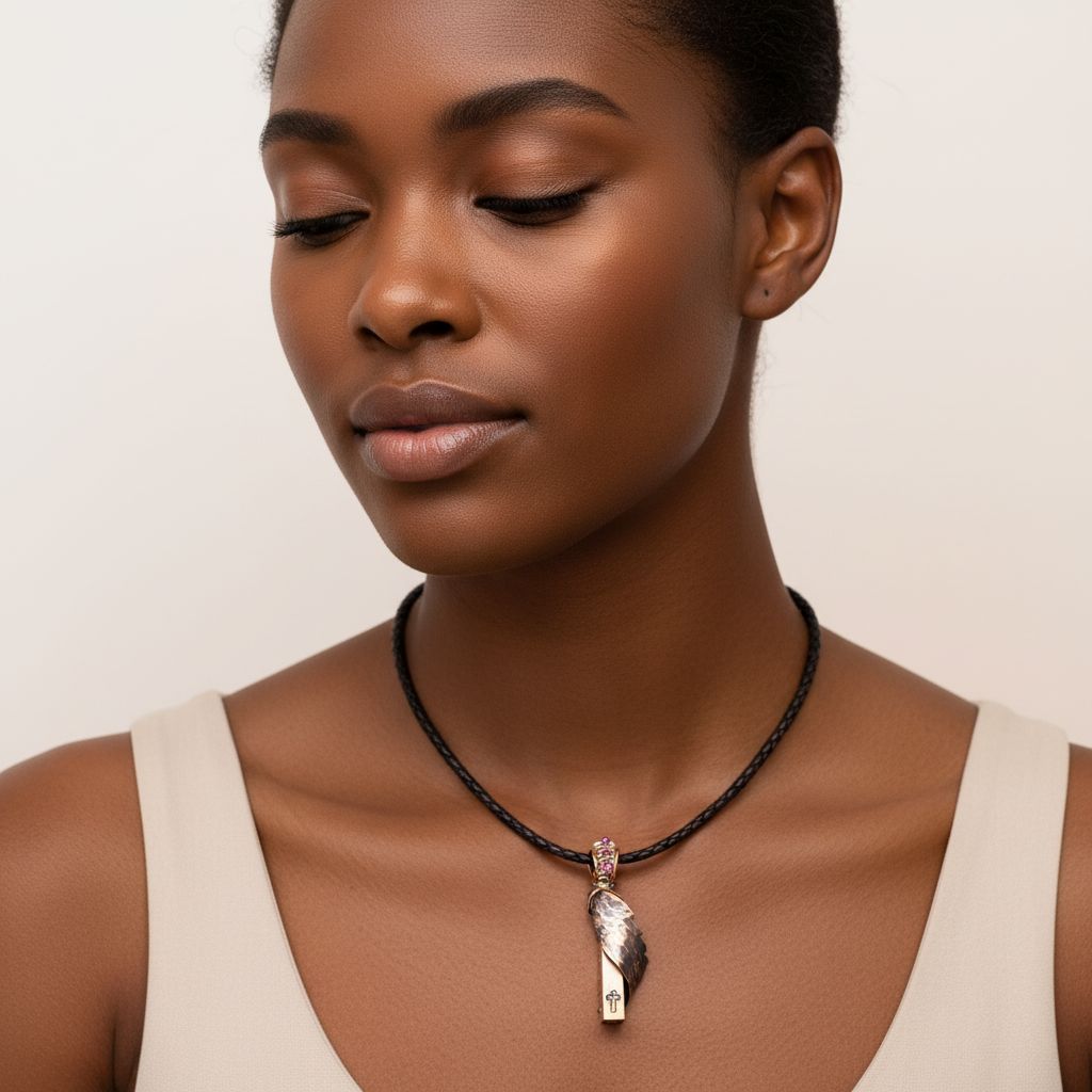 Model wearing a Sculpted Copper Angelwing Crystal Birthstone Necklace with a copper angel wing pendant.