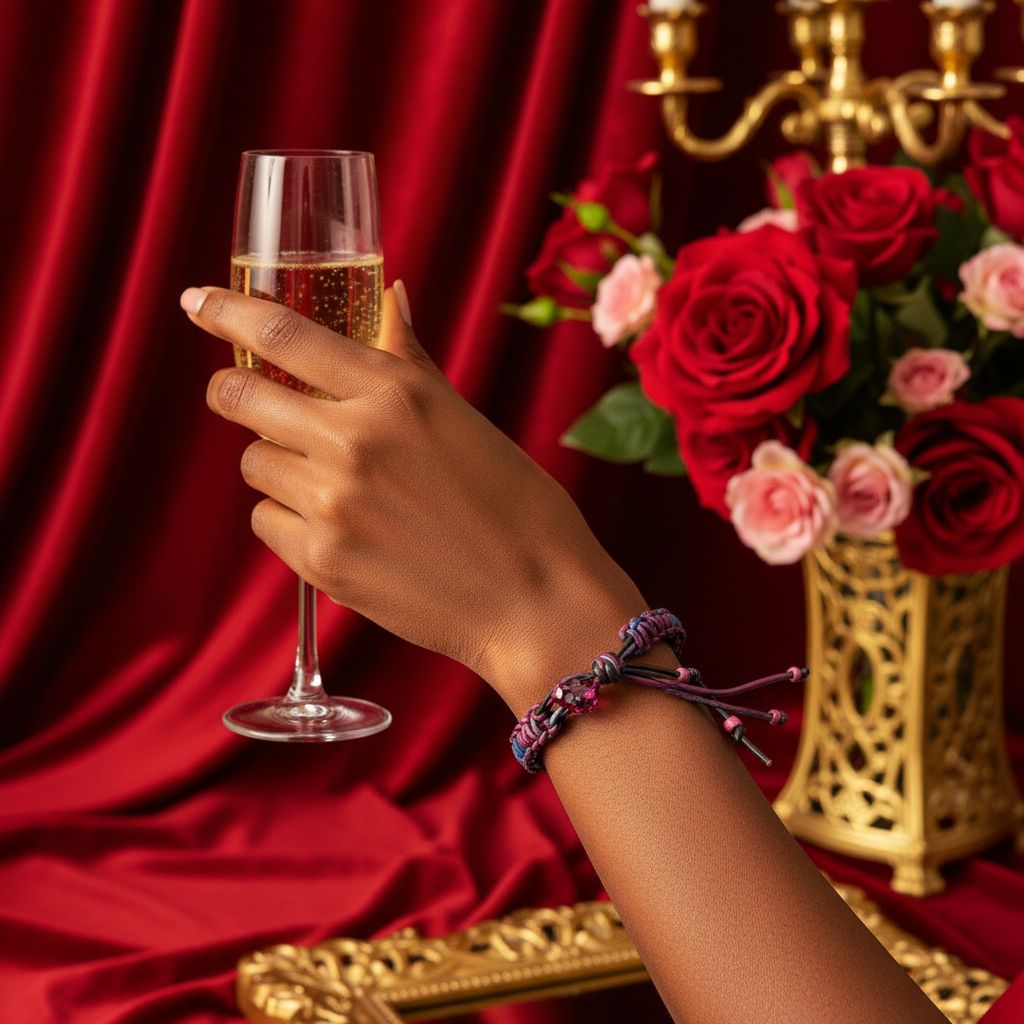 Hand holding a glass of champagne while wearing a Macrame Tie-Dye Leather Crystal Bracelet, with roses in the background.