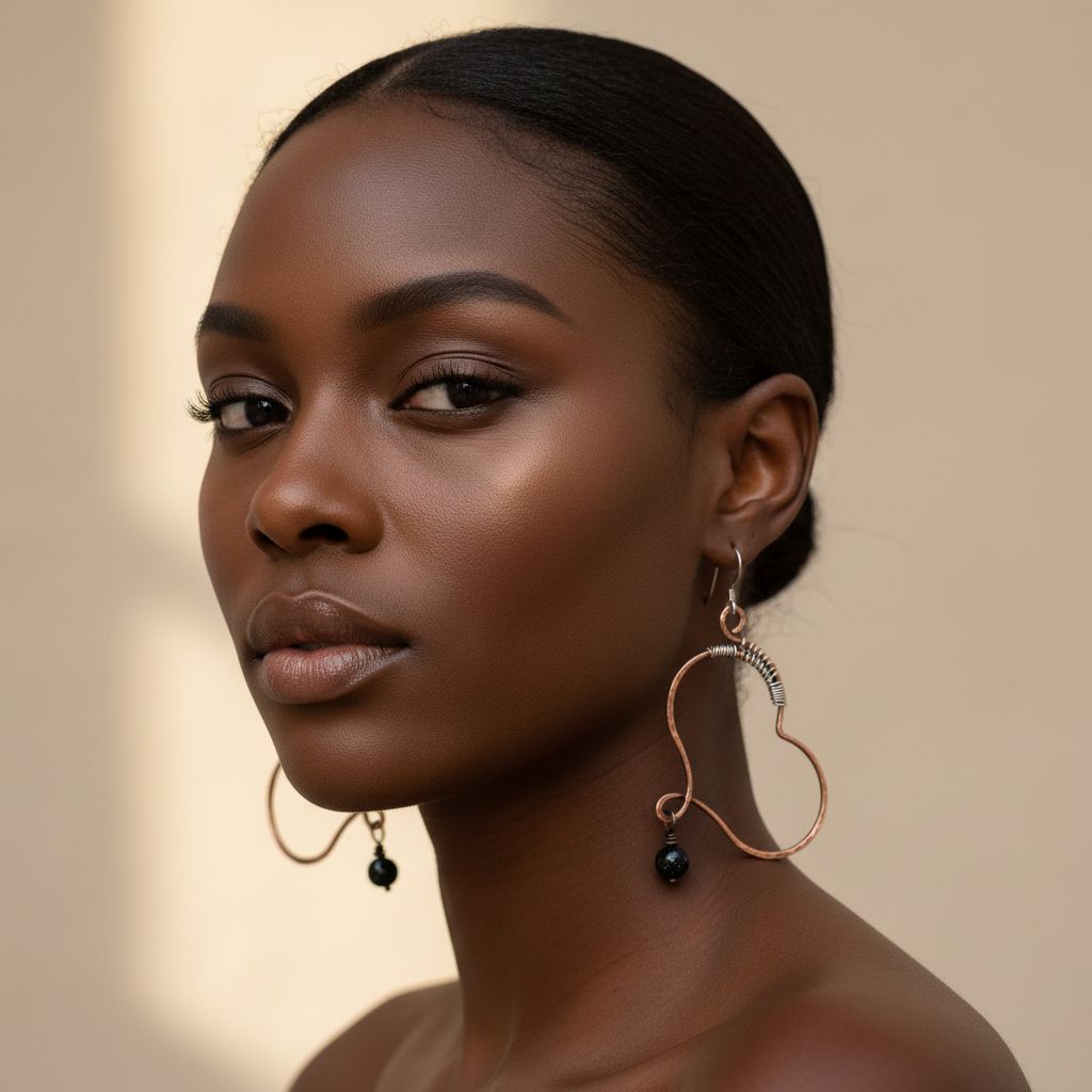 Sculpted Copper Butterfly Wing Abuse Survivor Earrings worn by a model, showcasing unique design and Swarovski crystal dangles.