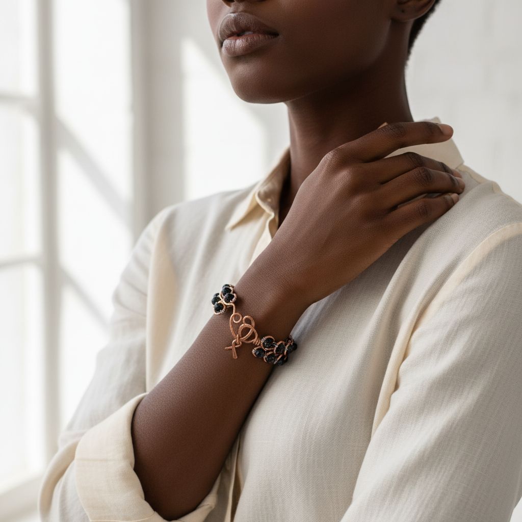Wire Sculpted Blue Beaded Infinity Child Abuse Bangle worn on a model's wrist, showcasing its elegant design and blue beads.