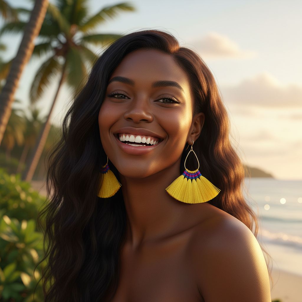 Handmade Hawaii Hula Skirt Rayon Silk Tassel Hoop Earrings worn by a smiling woman at the beach with palm trees.