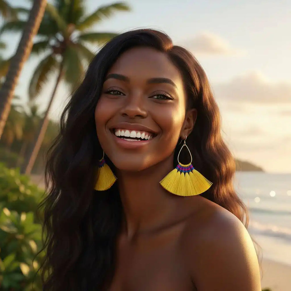 Handmade Hawaii Hula Skirt Rayon Silk Tassel Hoop Earrings worn by a smiling woman at the beach with palm trees.