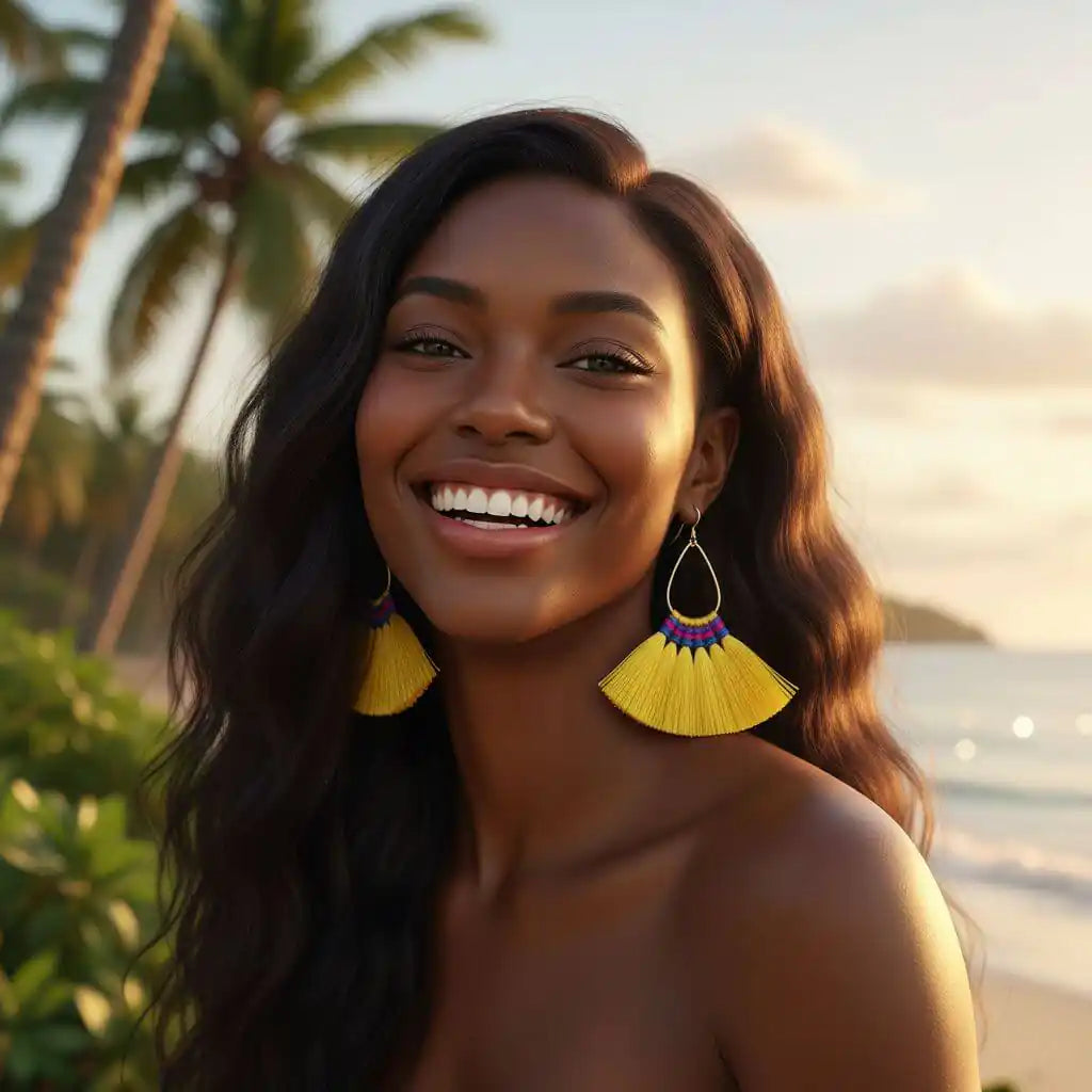 Handmade Hawaii Hula Skirt Rayon Silk Tassel Hoop Earrings worn by a smiling woman at the beach with palm trees.