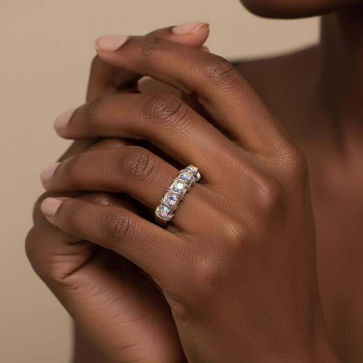 Wire Wrapped Silver Hammered Super Sparkly Crystal Bling Ring