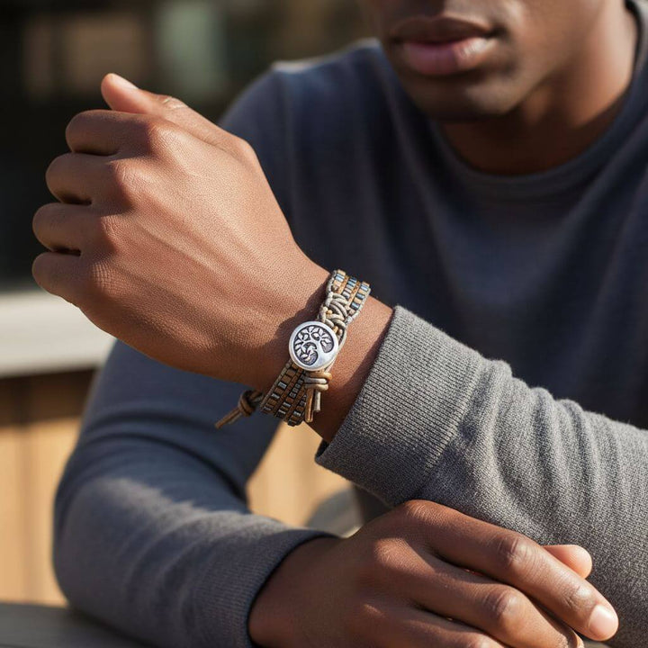 Men's Leather Wrap Bracelet Tree of Life Intricately Beaded