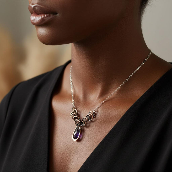 Sterling Silver and Copper Wire Sculpted Amethyst Crystal Drop Necklace
