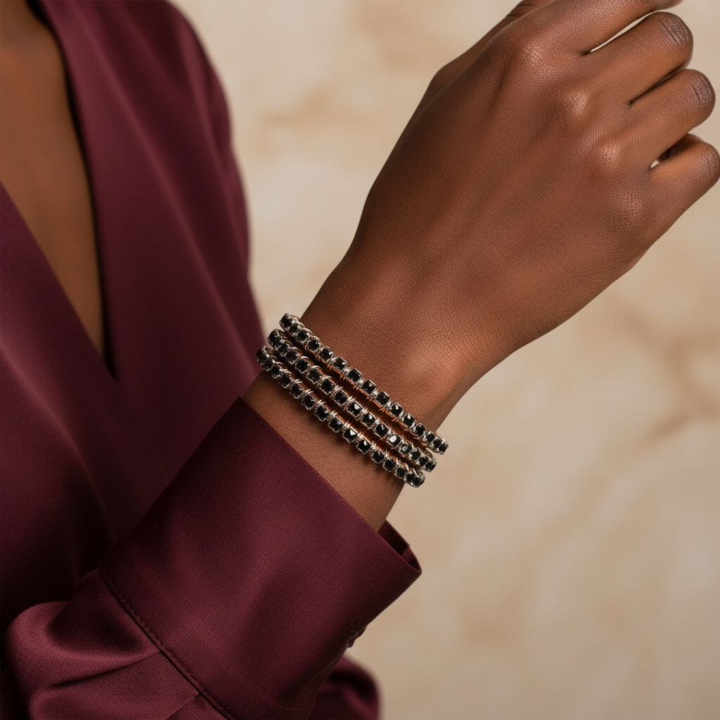 Wire Wrapped Copper Silver Black Crystal Rhinestone Bangle