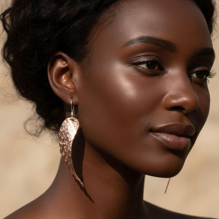 Copper Hammer Pattern Sculpted Angel Wings Earrings