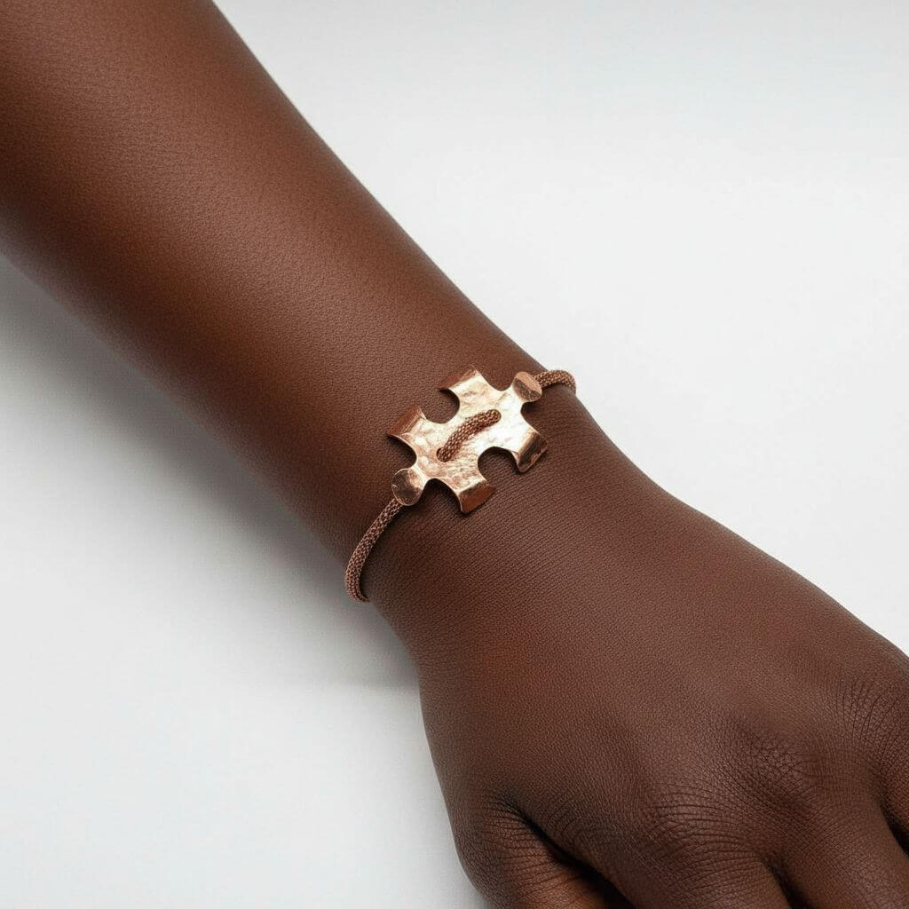 Copper Puzzle Piece Button Viking Knit Autism Awareness Bracelet