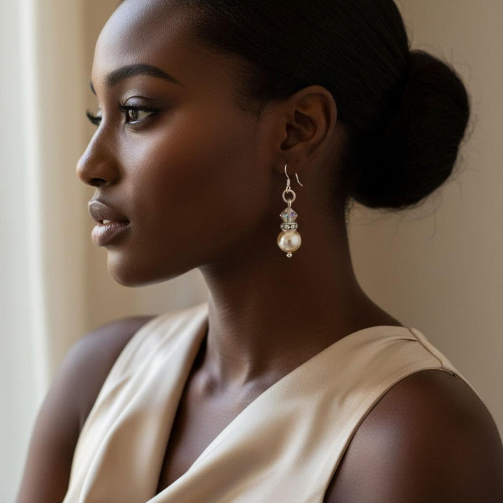 Silver Swarovski Crystal Pearl Stack Earrings in Various Colors