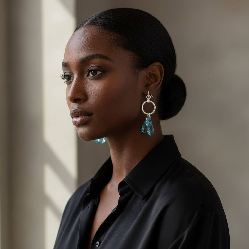 Sterling Silver Hammered Aqua Crystal Cascading Drop Earrings