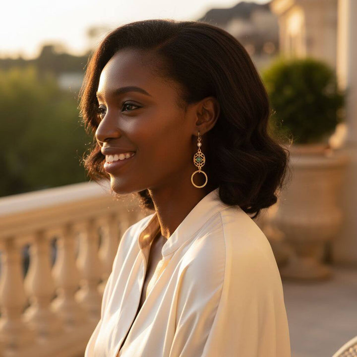 14 KT Gold Filled Green Crystal Hammered Circle Filigree Earrings