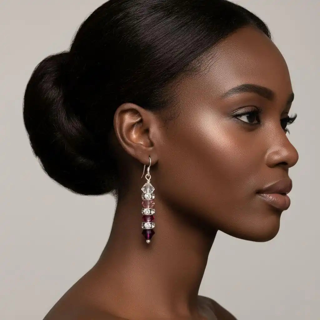 Hot Pink Ombre Stacked Crystal Sterling Silver Earrings showcasing a model&