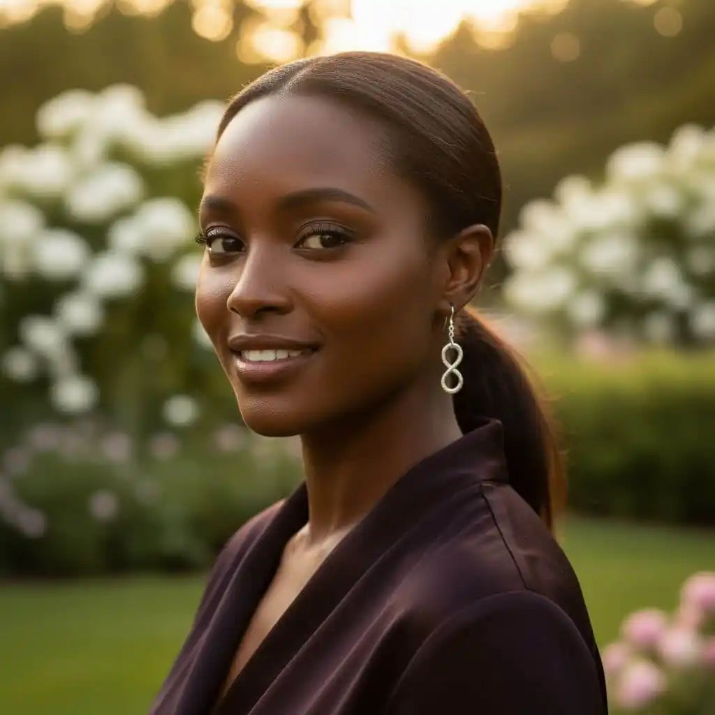A woman wearing sterling silver hammer patterned infinity earrings, smiling in a garden setting with soft lighting.