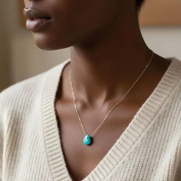 Gold Filled Aqua Jade Wire Wrap Gemstone Drop Necklace worn by a model, showcasing the turquoise briolette drop.