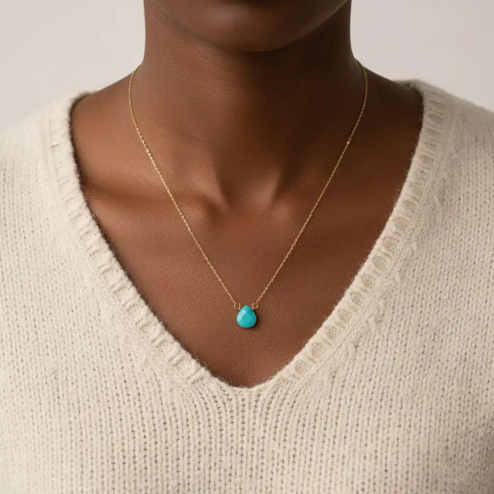 Gold Filled Aqua Jade Wire Wrap Gemstone Drop Necklace worn by a model in a cream sweater.