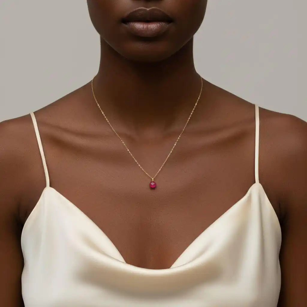 Tiny Hot Pink Chalcedony Gold Filled Necklace worn by a model, showcasing a vibrant pink drop on a delicate chain.
