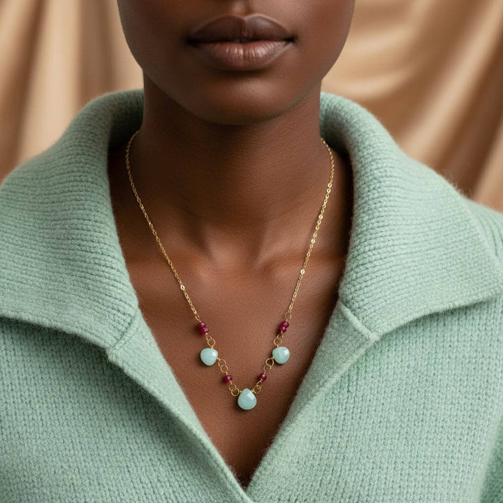 Dainty Gold Chain Mint and Hot Pink Gemstone Necklace